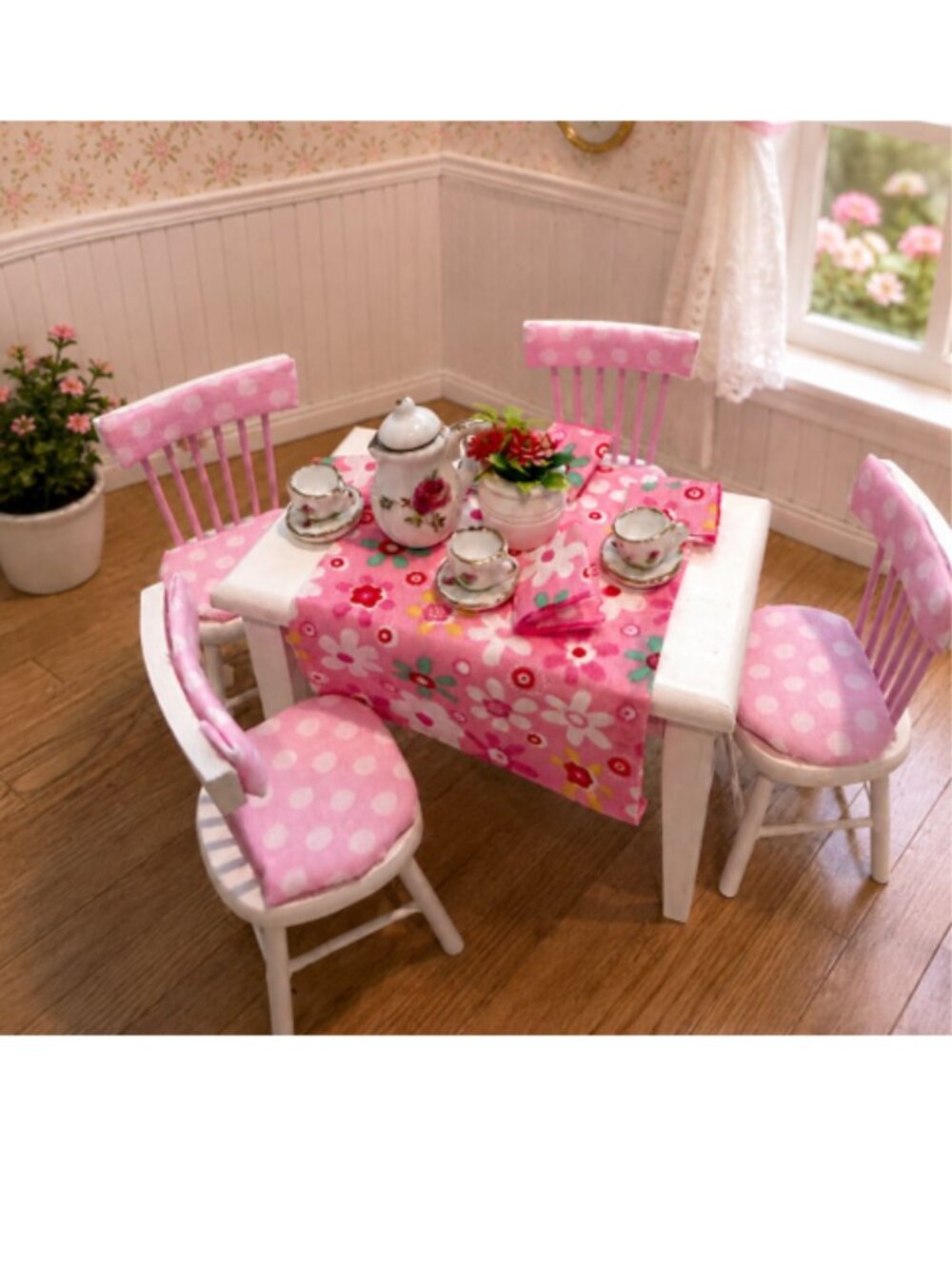 Dollhouse Miniature Dining Table 4 Chairs Pink White Hand Painted Wood Set 1:12 - Picture 3 of 9